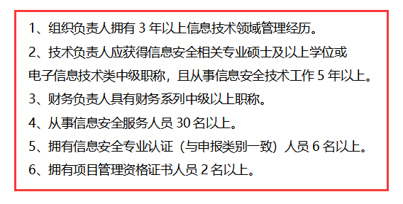 信息安全運(yùn)維服務(wù)資質(zhì)二級認(rèn)證人員要求清單，共6點(diǎn)