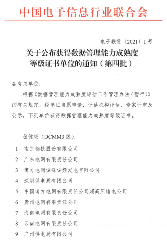 DCMM關(guān)于公布獲得數(shù)據(jù)管理能力成熟度等級(jí)證書單位的通知（第四批）